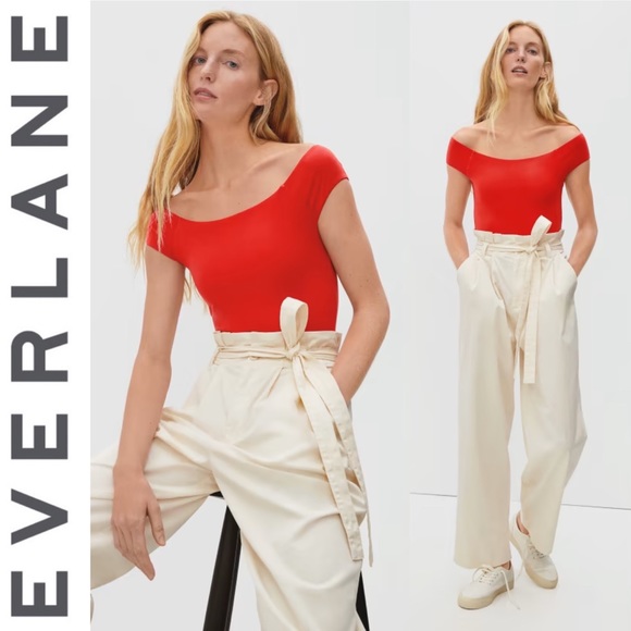 EVERLANE The Off the Shoulder Bodysuit In Scarlet Red NWT Thong M - Picture 2 of 10
